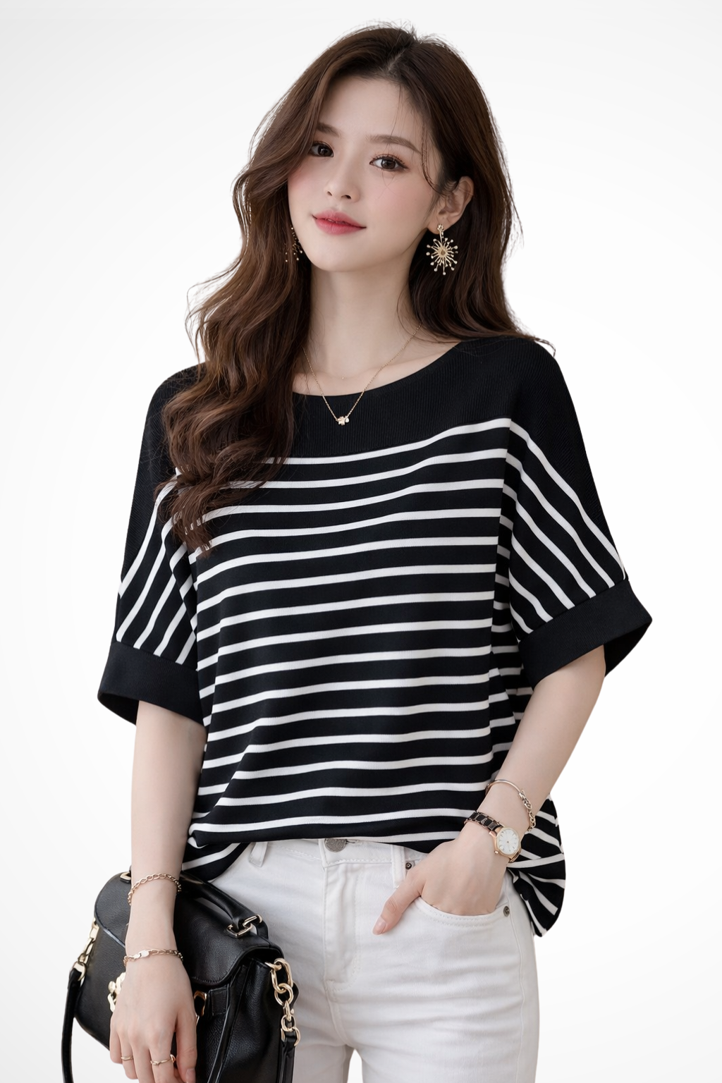 Oversized Striped Half Sleeve Shirt for Women - Round Neck Cotton Blend Casual Top