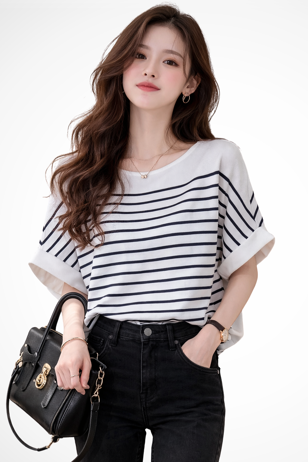 Oversized Striped Half Sleeve Shirt for Women - Round Neck Cotton Blend Casual Top