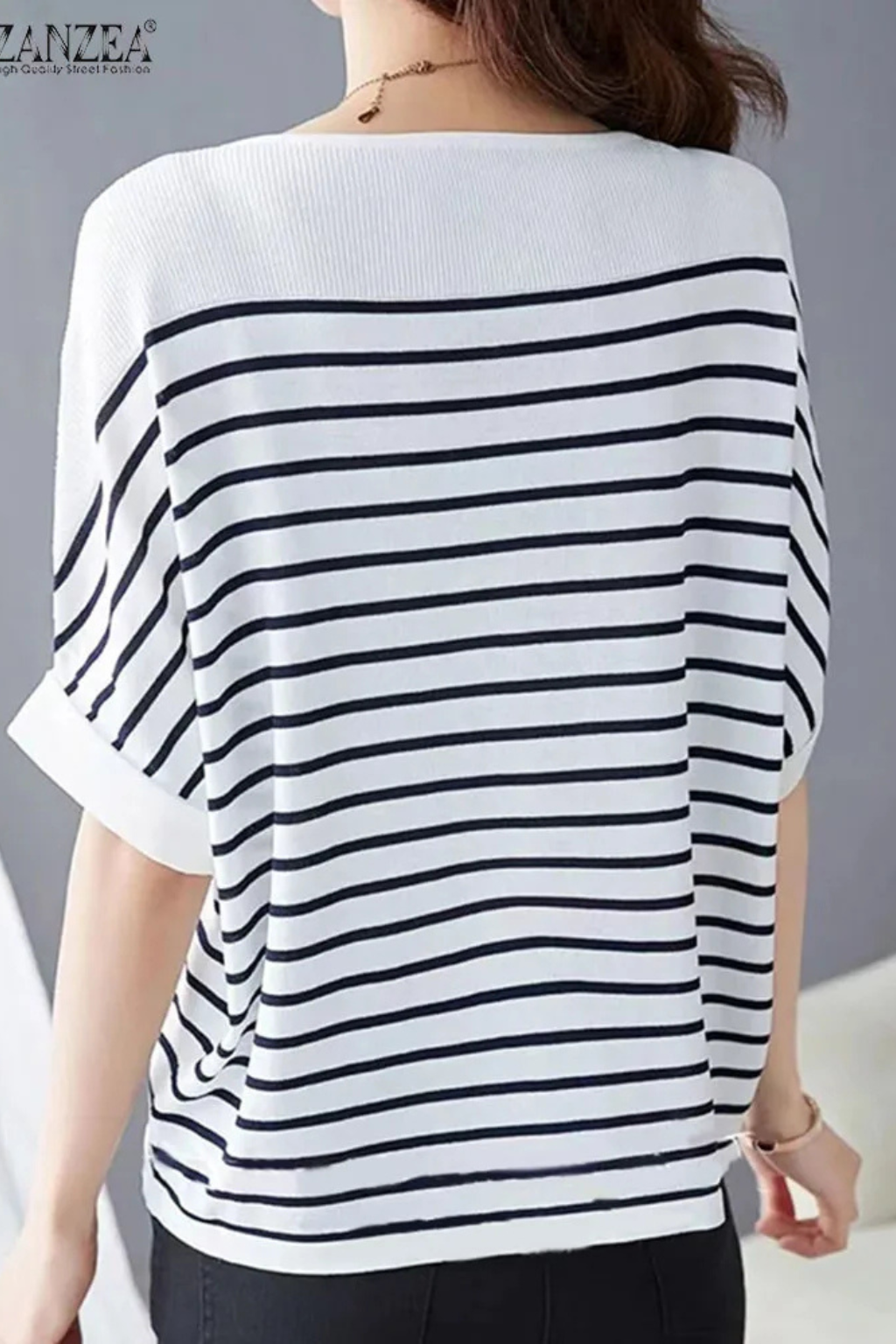 Oversized Striped Half Sleeve Shirt for Women - Round Neck Cotton Blend Casual Top
