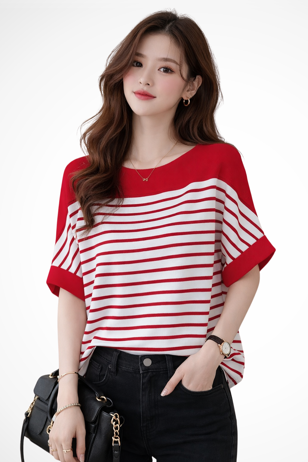 Oversized Striped Half Sleeve Shirt for Women - Round Neck Cotton Blend Casual Top