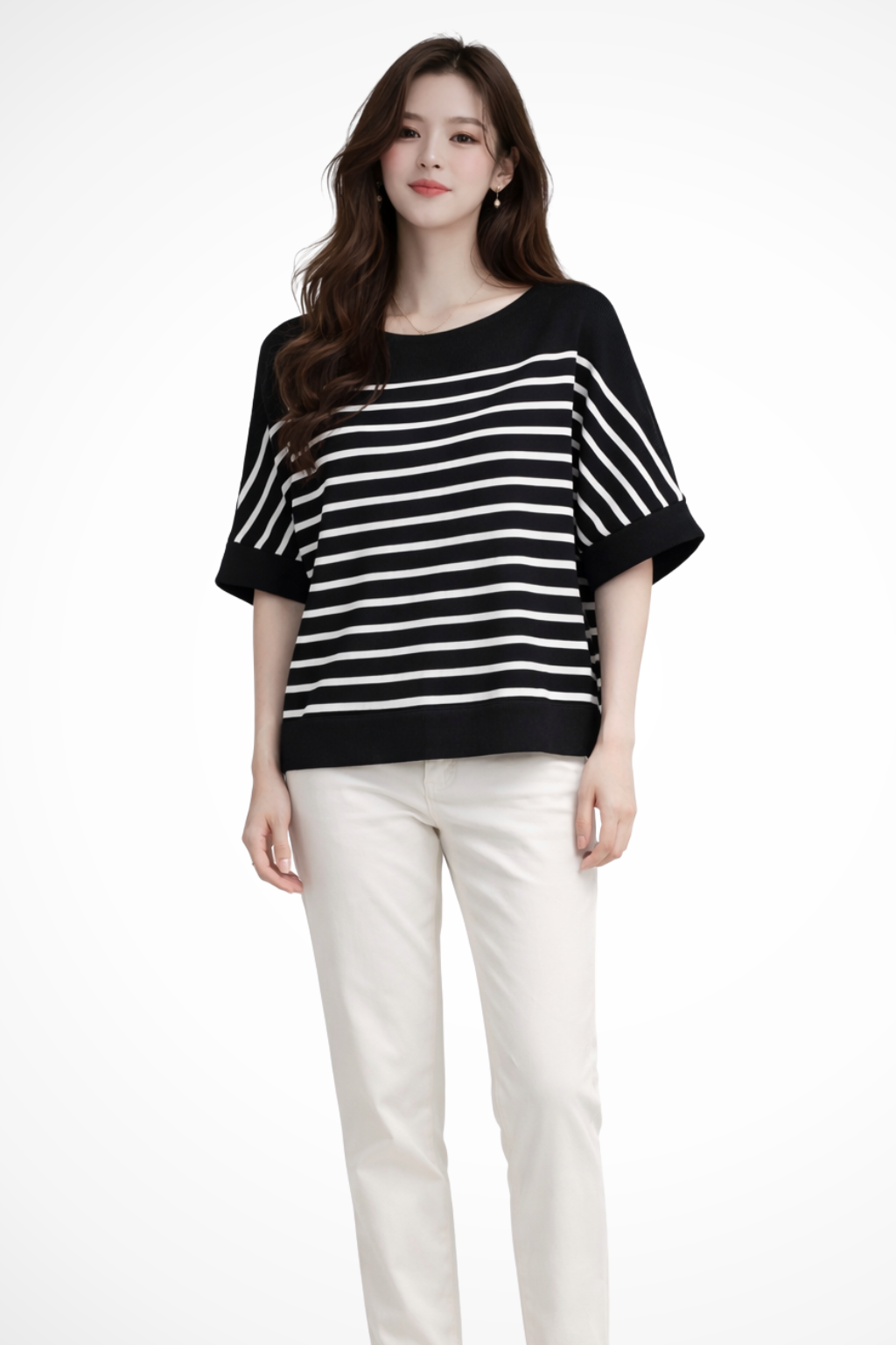 Oversized Striped Half Sleeve Shirt for Women - Round Neck Cotton Blend Casual Top