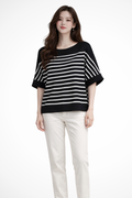 Oversized Striped Half Sleeve Shirt for Women - Round Neck Cotton Blend Casual Top
