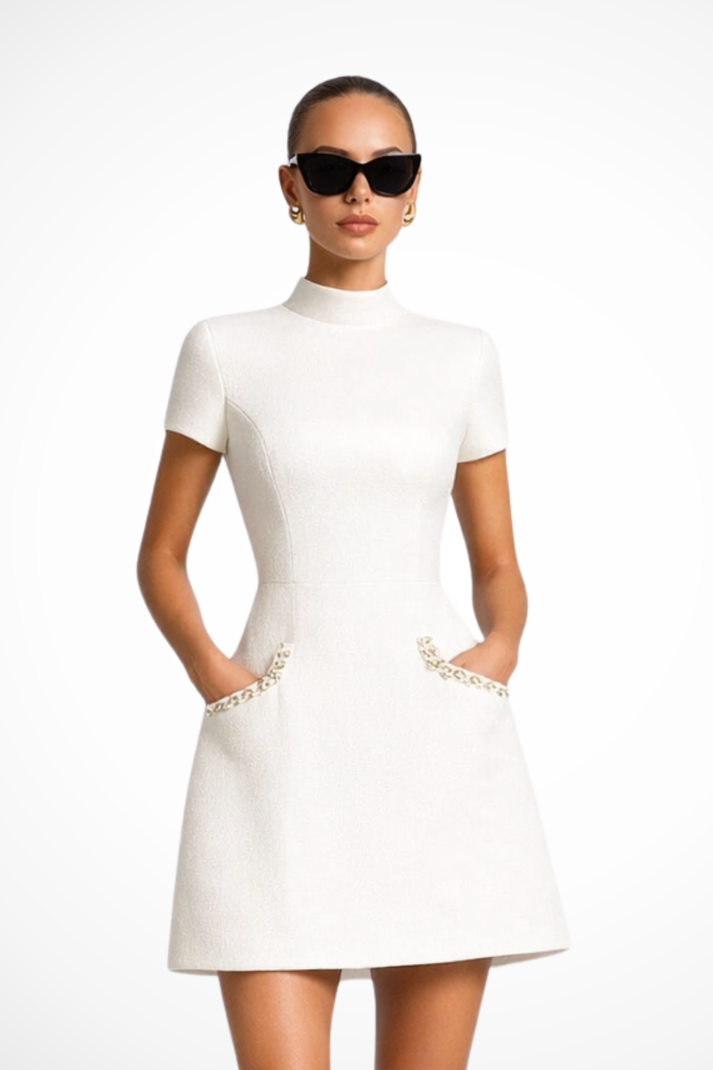 Pearl Trim Mini Dress with Pocket Detail for Women - Elegant Casual Wear for Parties and Outings
