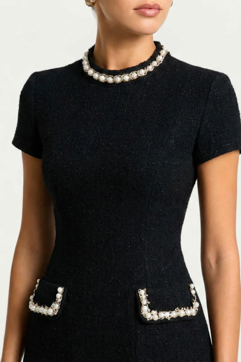 Pearl Trim Mini Dress with Pocket Detail for Women - Elegant Casual Wear for Parties and Outings