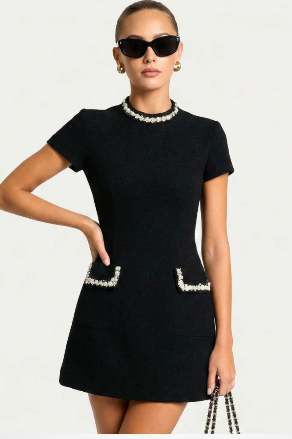 Pearl Trim Mini Dress with Pocket Detail for Women - Elegant Casual Wear for Parties and Outings