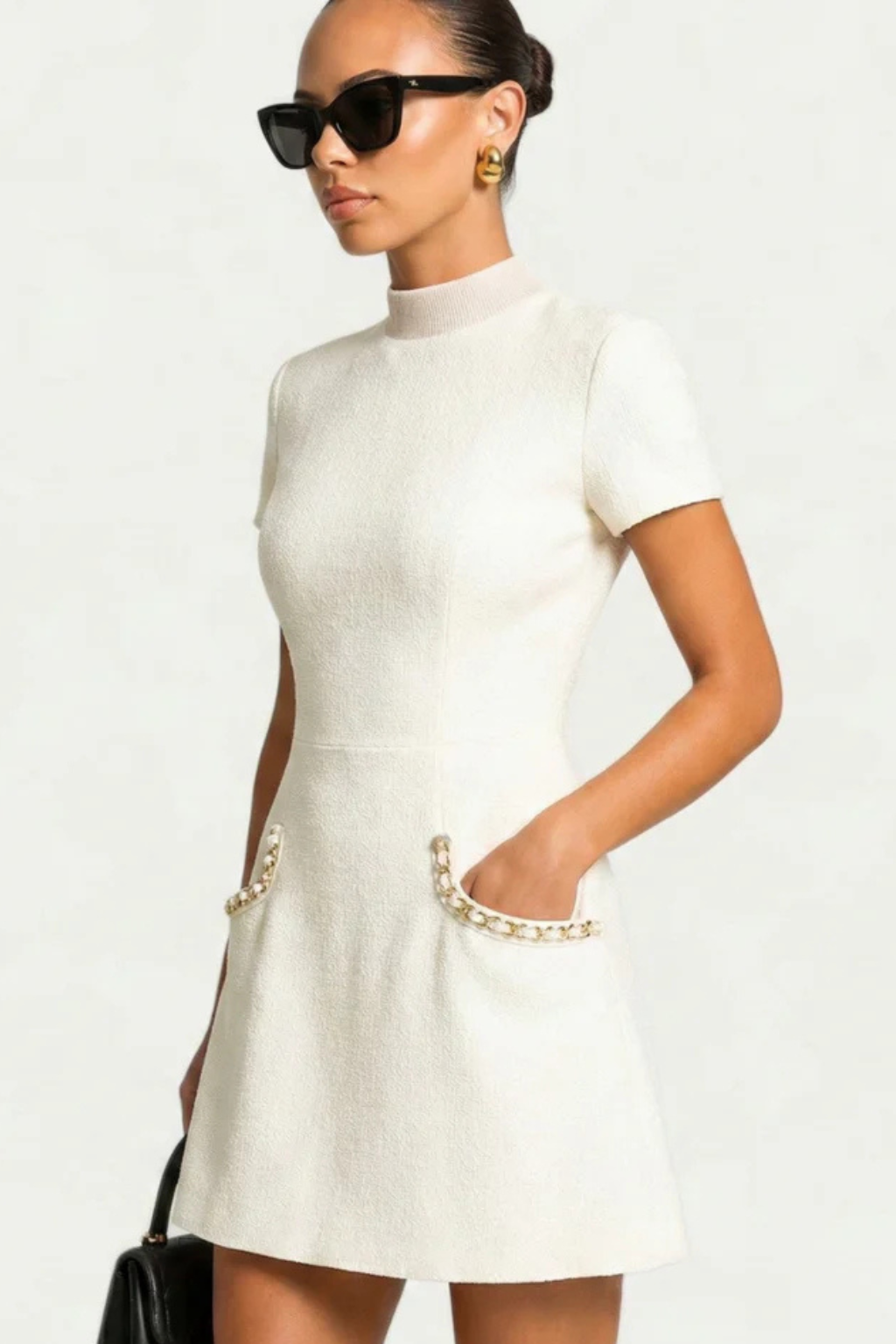 Pearl Trim Mini Dress with Pocket Detail for Women - Elegant Casual Wear for Parties and Outings