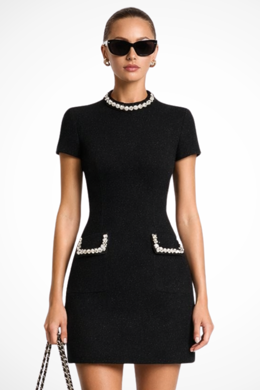 Pearl Trim Mini Dress with Pocket Detail for Women - Elegant Casual Wear for Parties and Outings