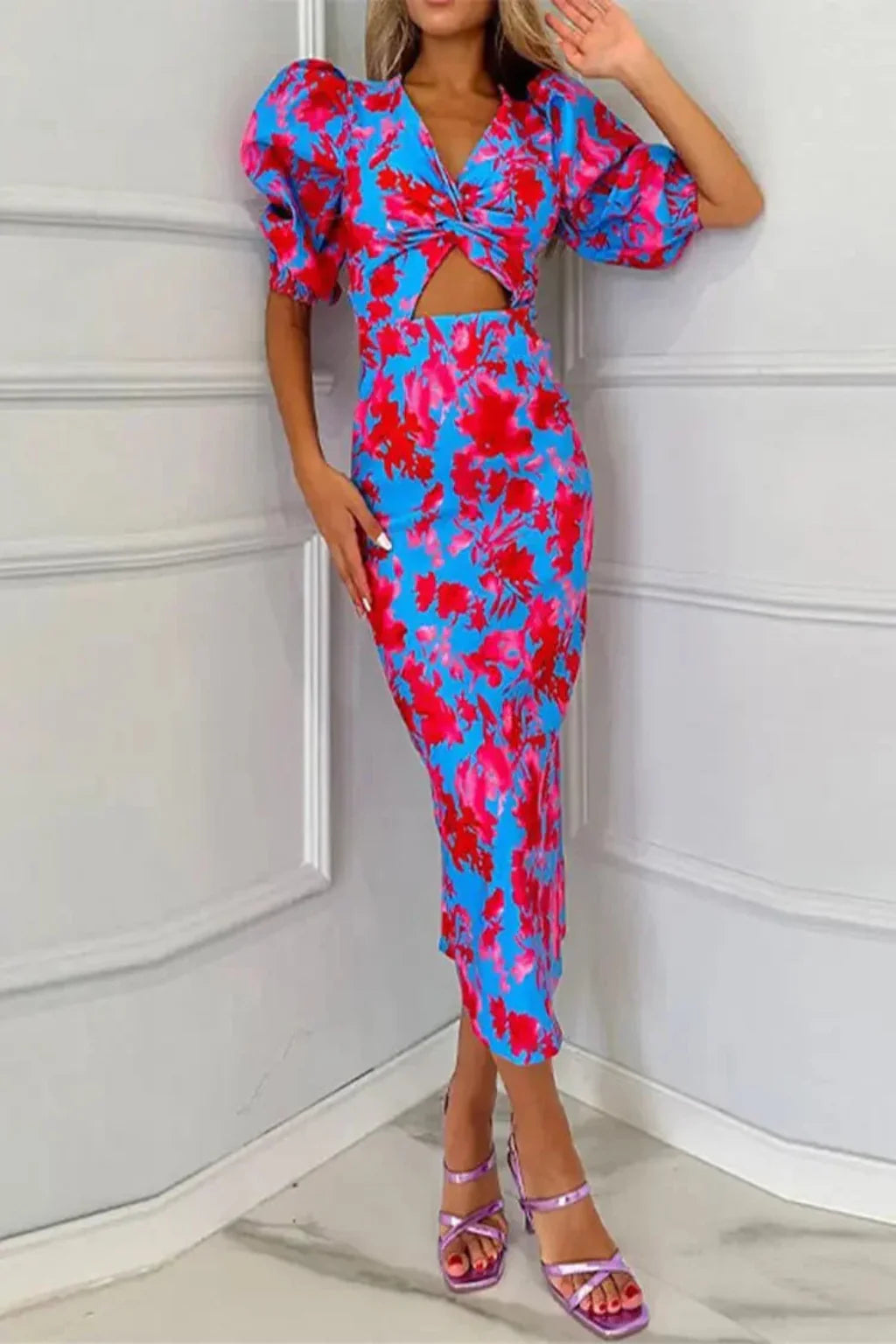 Printed Puff Sleeve Midi Dress | Summer Occasion Wear | Lightweight Fabric | Women's Fashion