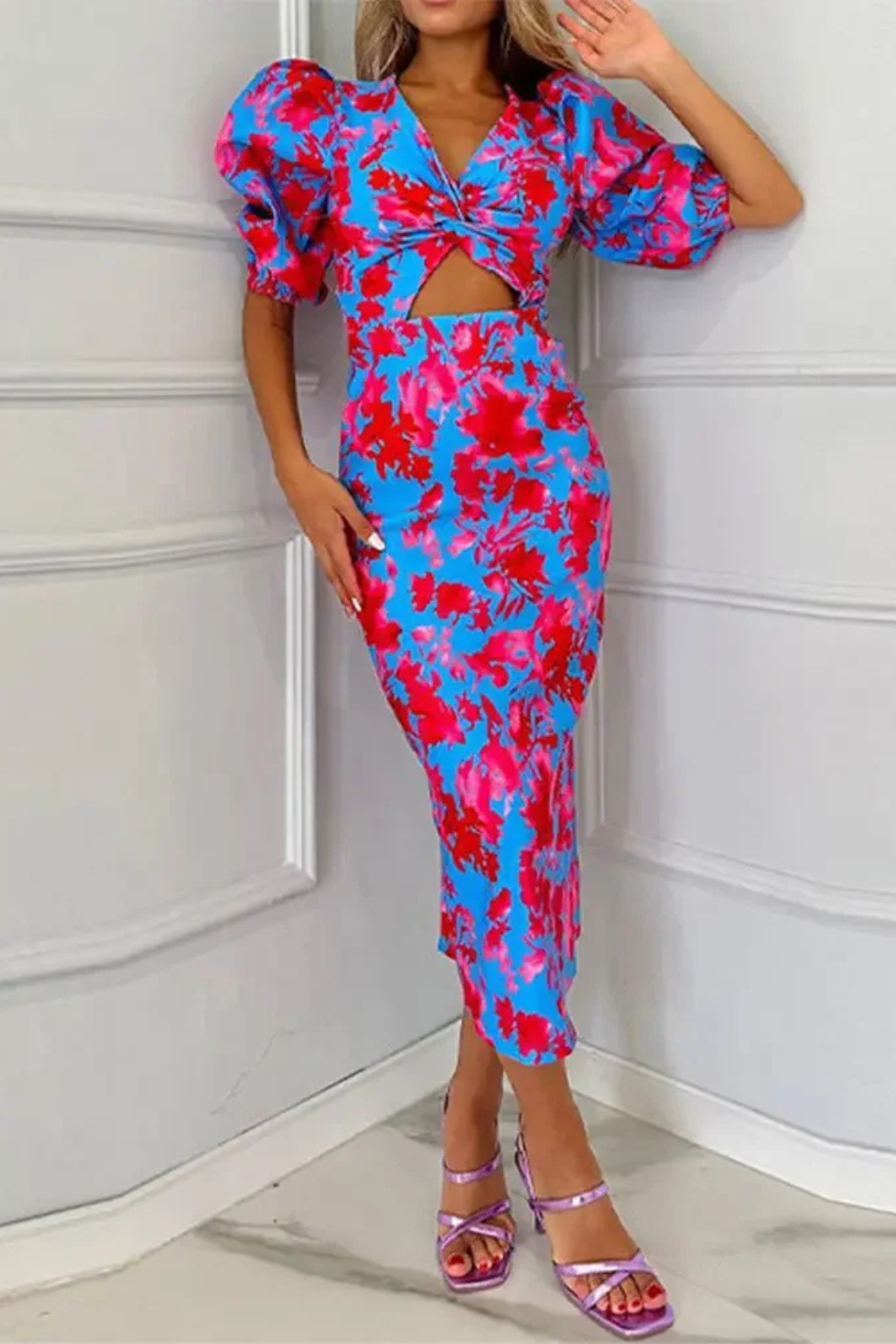 Printed Puff Sleeve Midi Dress | Summer Occasion Wear for Women | Elegant and Comfortable Design