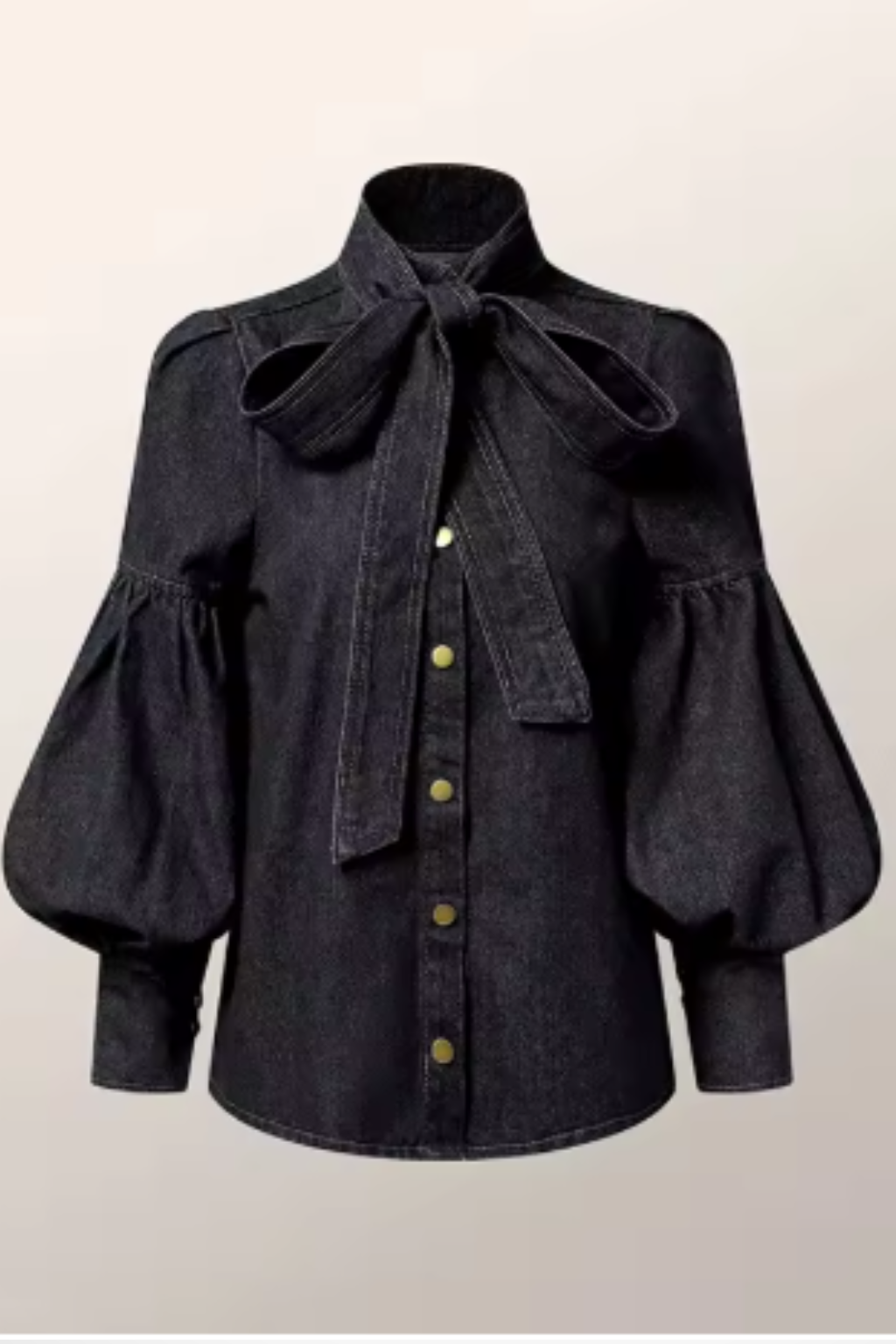 Puff Sleeve High Neck Denim Shirt for Women with Bow Detail - Casual Fashion Top