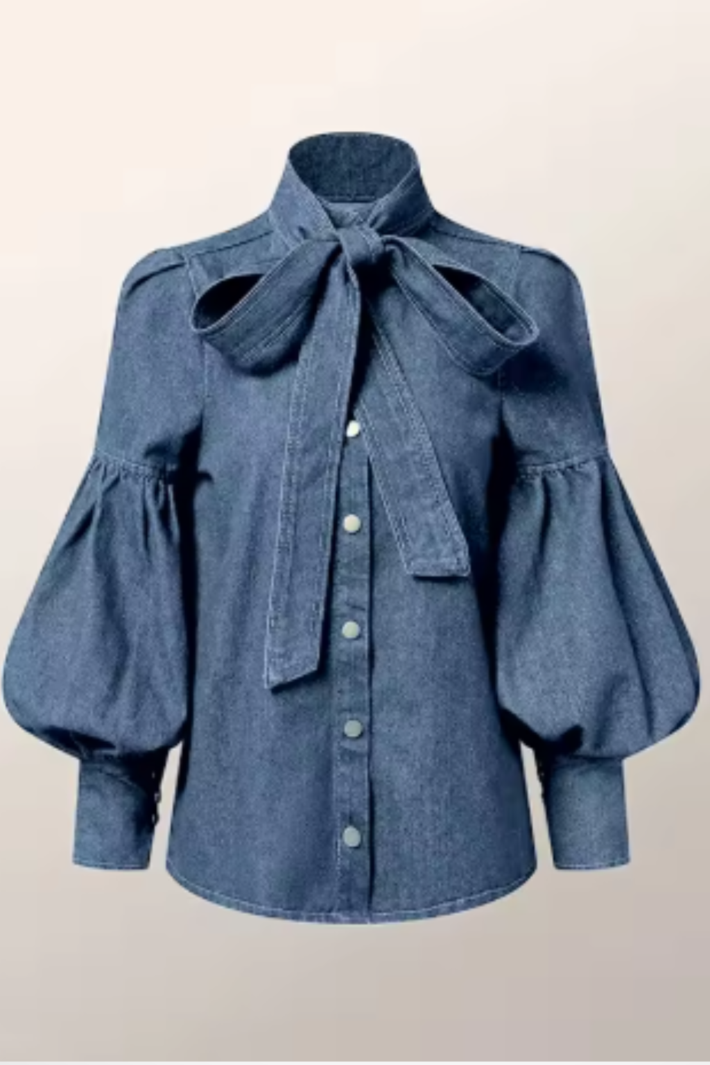 Puff Sleeve High Neck Denim Shirt for Women with Bow Detail - Casual Fashion Top