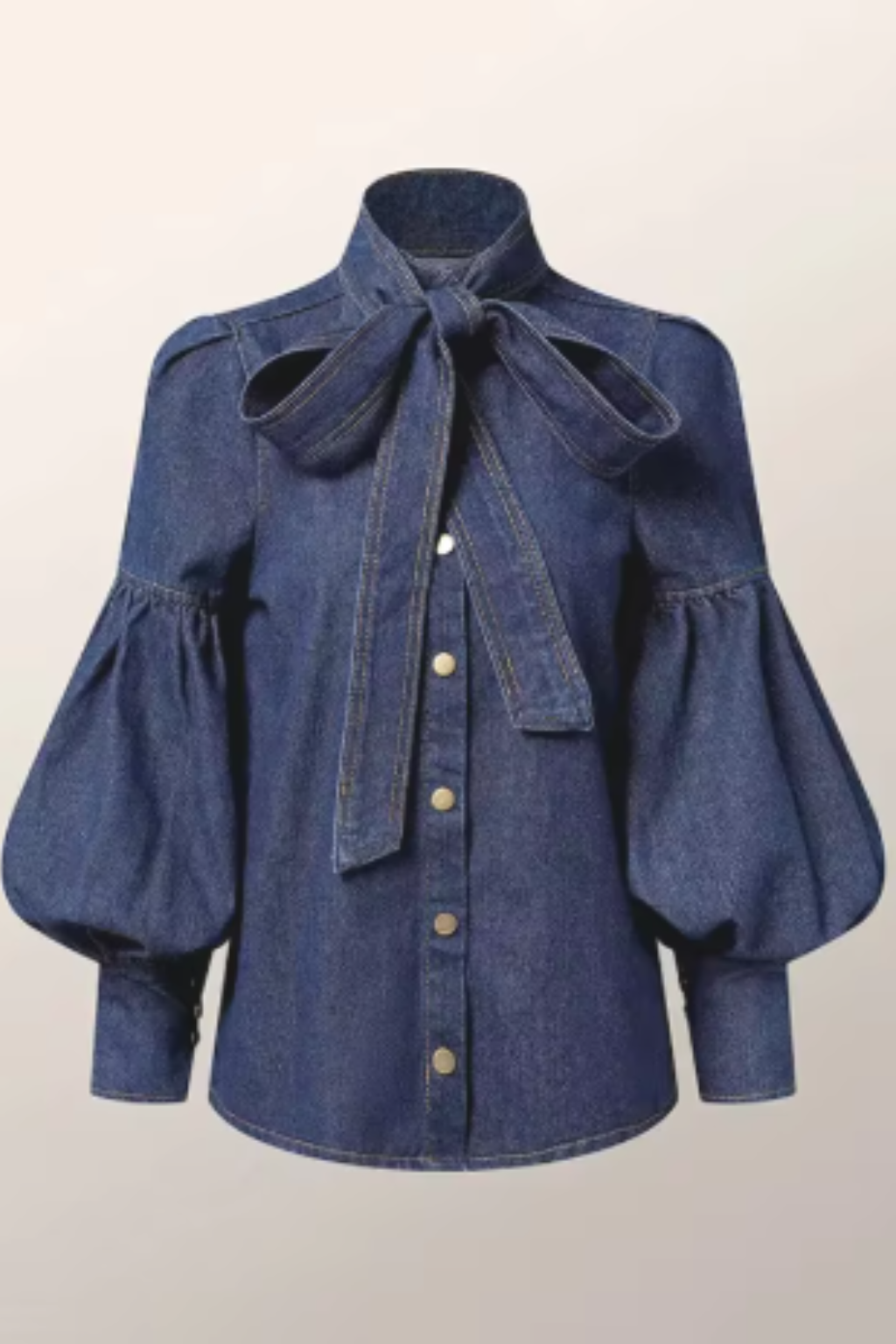 Puff Sleeve High Neck Denim Shirt for Women with Bow Detail - Casual Fashion Top