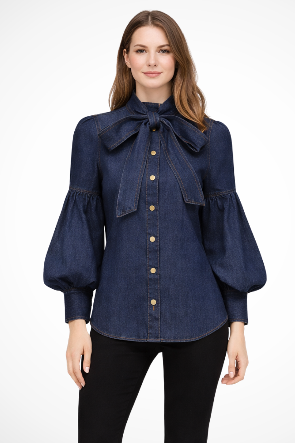 Puff Sleeve High Neck Denim Shirt for Women with Bow Detail - Casual Fashion Top