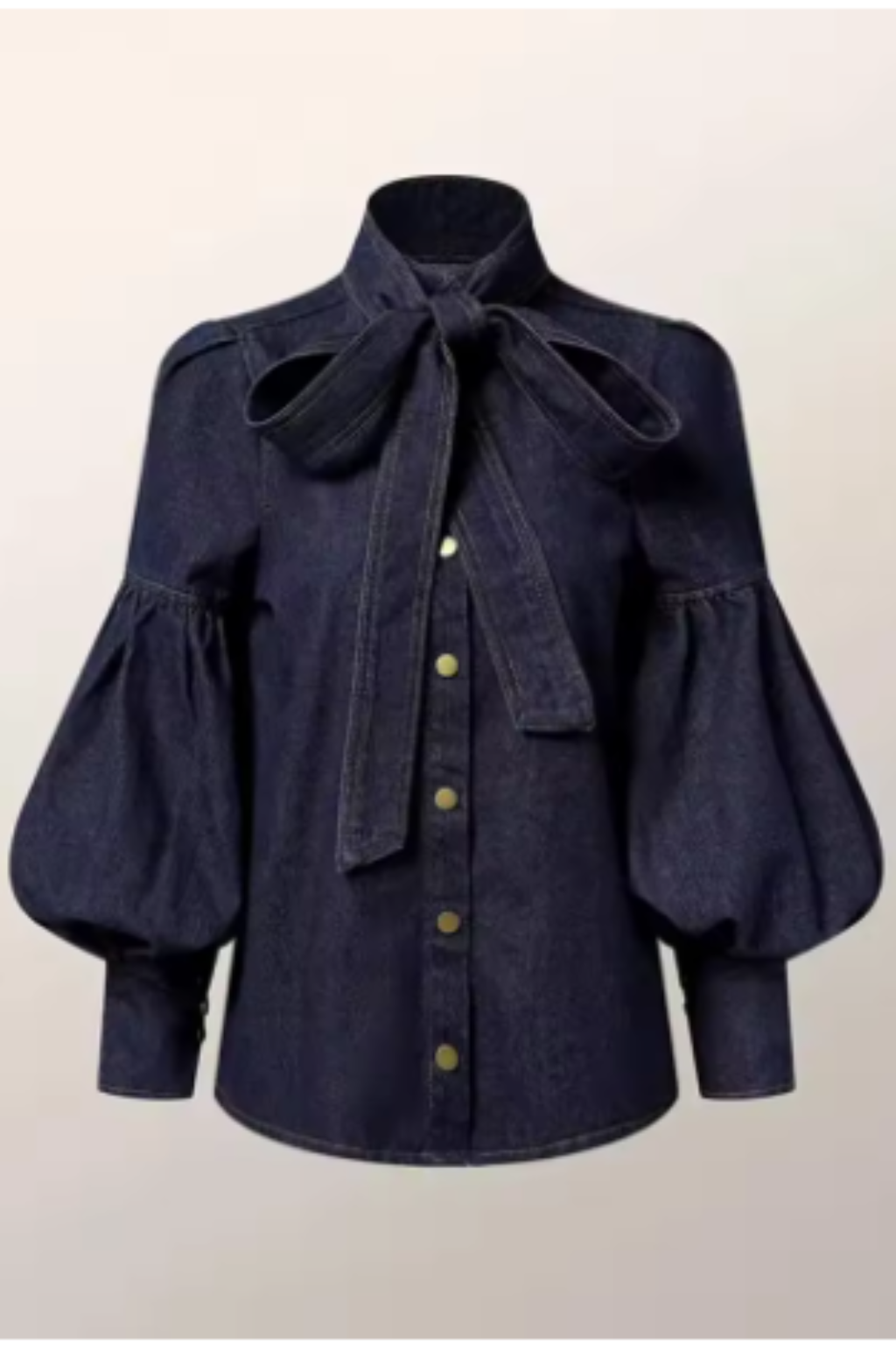 Puff Sleeve High Neck Denim Shirt with Bow Detail for Women - Casual Chic Top for Everyday Wear