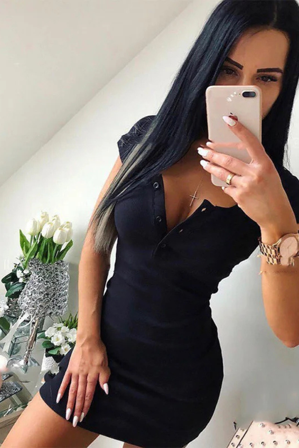 Ribbed Knit Bodycon Mini Dress with Button Detail for Women - Casual or Party Wear