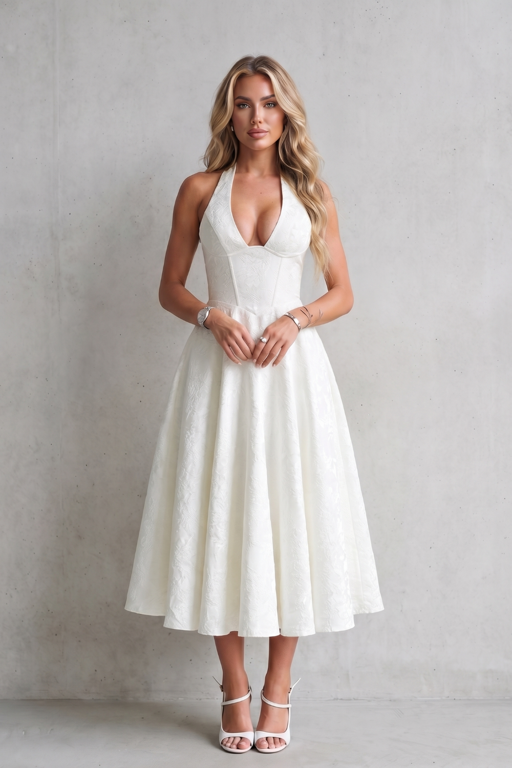 Floral Midi Dress with Halter Neckline – Elegant Summer Outfit