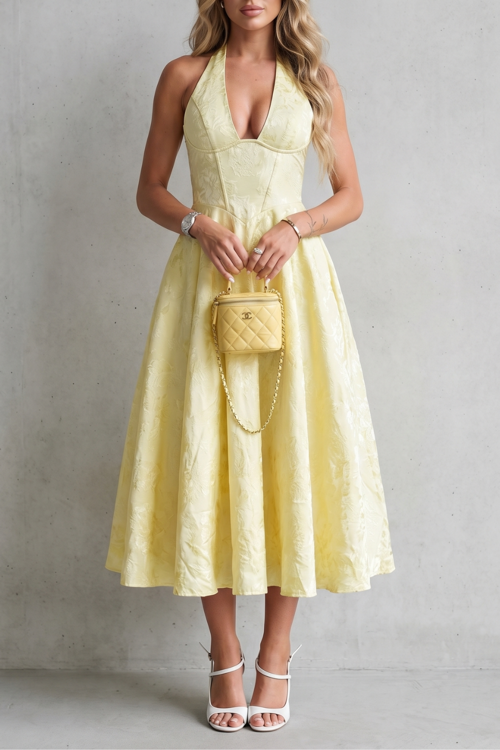 Floral Midi Dress with Halter Neckline – Elegant Summer Outfit