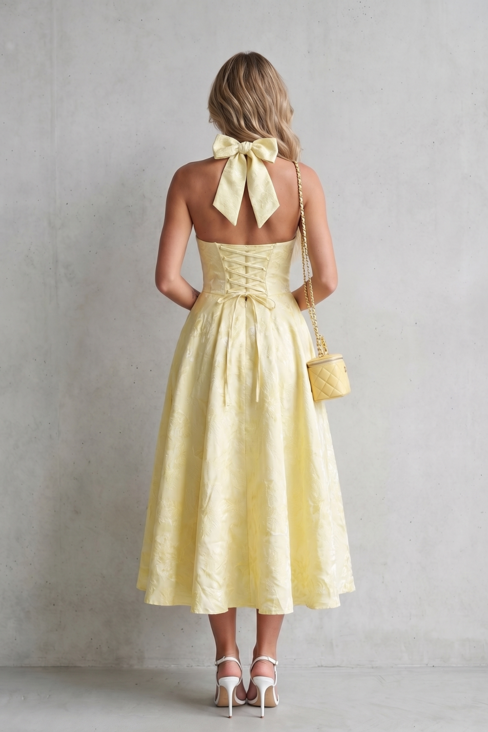 Floral Midi Dress with Halter Neckline – Elegant Summer Outfit