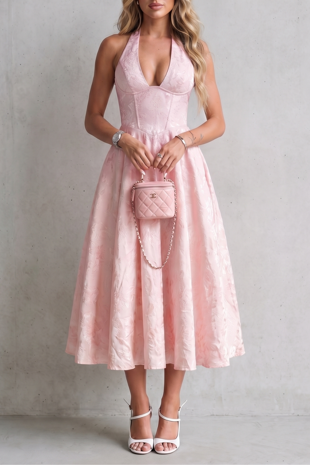 Floral Midi Dress with Halter Neckline – Elegant Summer Outfit