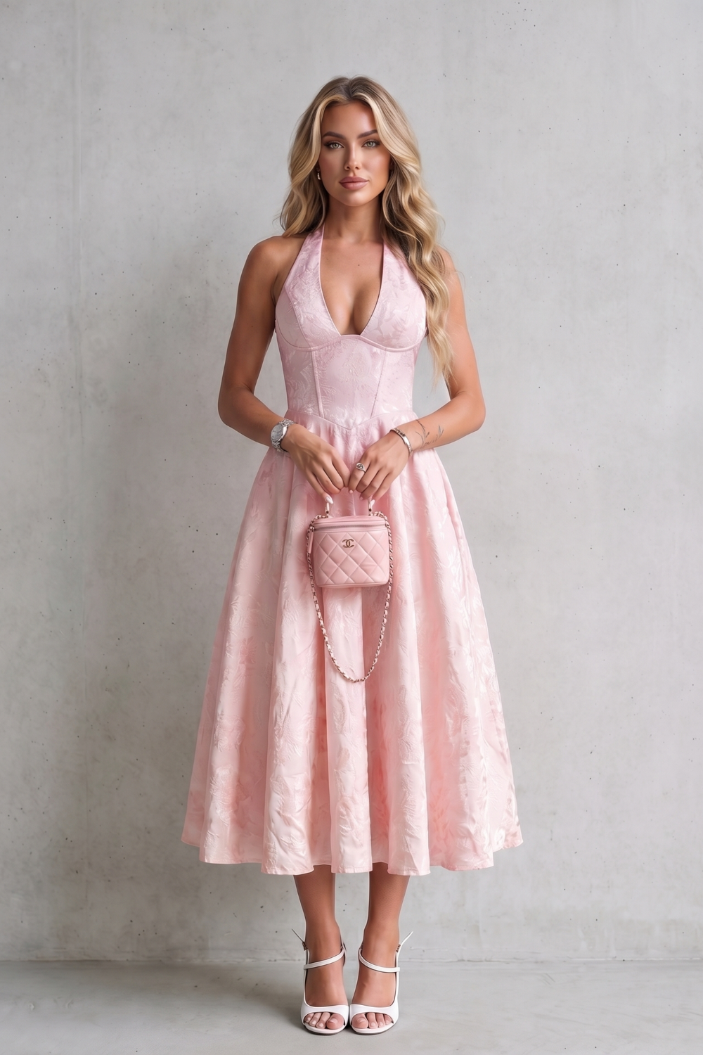Floral Midi Dress with Halter Neckline – Elegant Summer Outfit