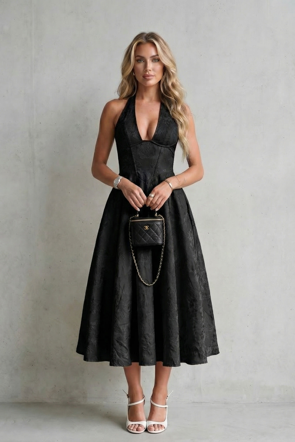 Floral Midi Dress with Halter Neckline – Elegant Summer Outfit