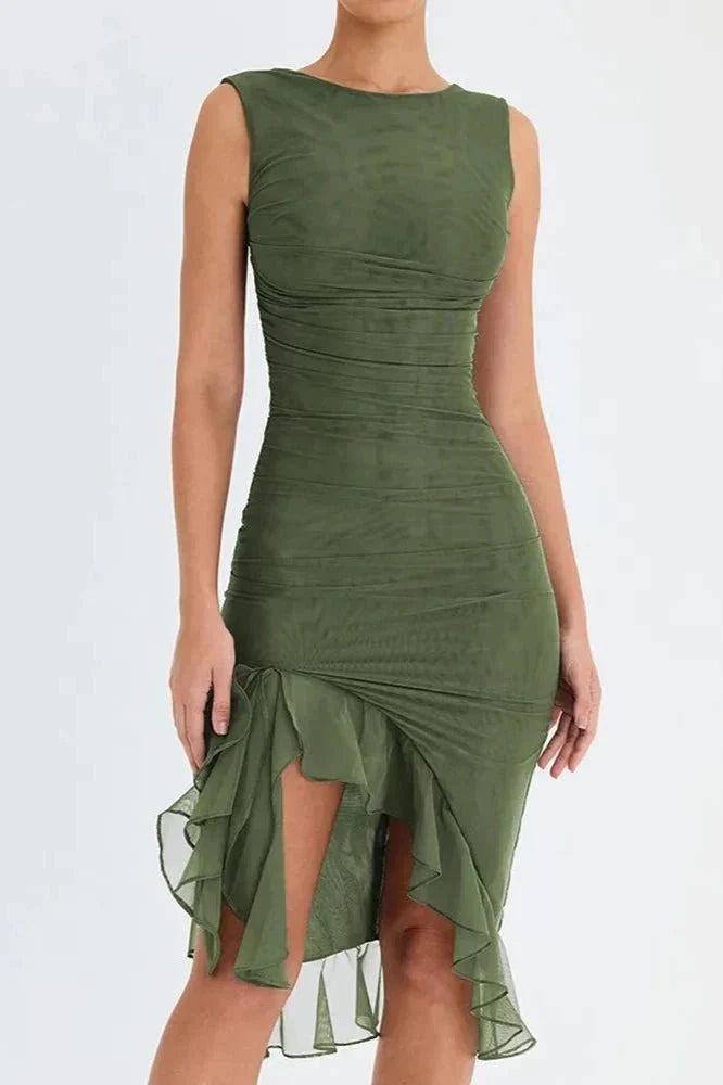 Ruched Sleeveless Midi Dress for Women | Elegant Wedding Guest Outfit in Soft Fabric