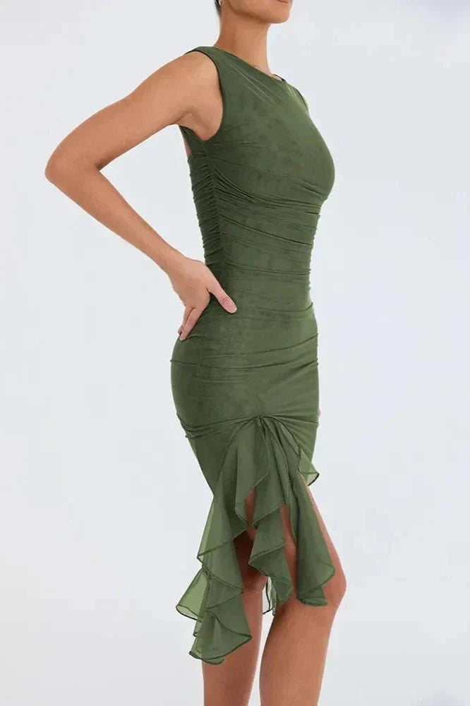 Ruched Sleeveless Midi Dress for Women | Elegant Wedding Guest Outfit in Soft Fabric