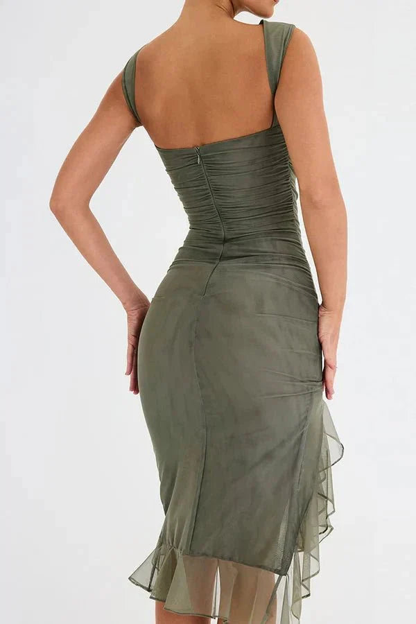 Ruched Sleeveless Midi Dress for Women | Elegant Wedding Guest Outfit in Soft Fabric