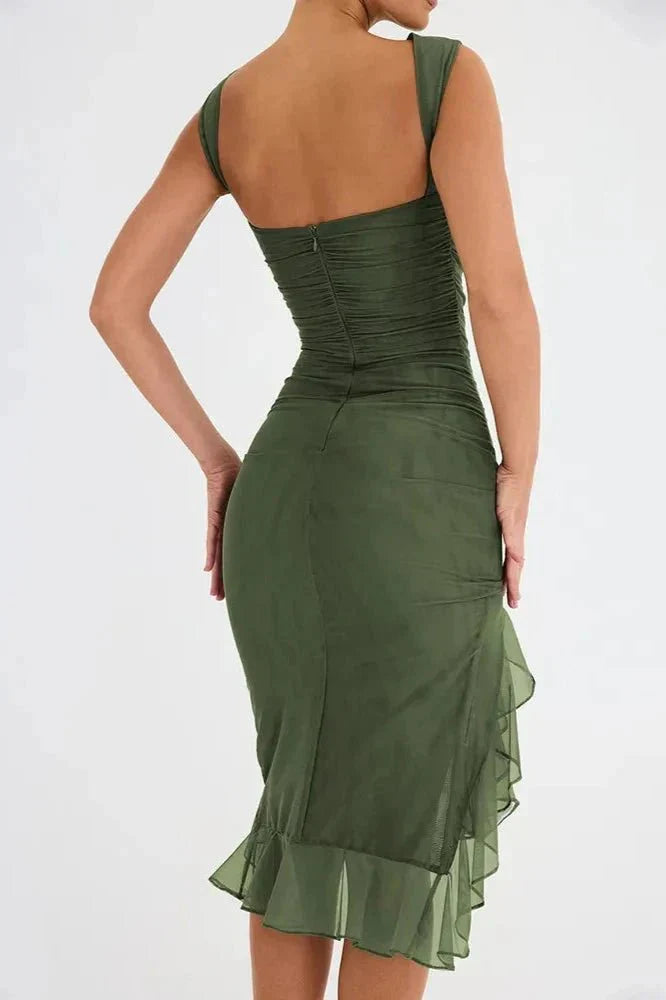 Ruched Sleeveless Midi Dress for Women | Elegant Wedding Guest Outfit in Soft Fabric