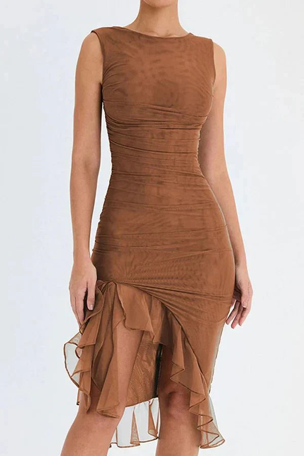 Ruched Sleeveless Midi Dress for Women | Elegant Wedding Guest Outfit in Soft Fabric