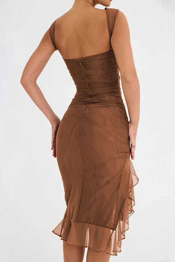 Ruched Sleeveless Midi Dress for Women | Elegant Wedding Guest Outfit in Soft Fabric