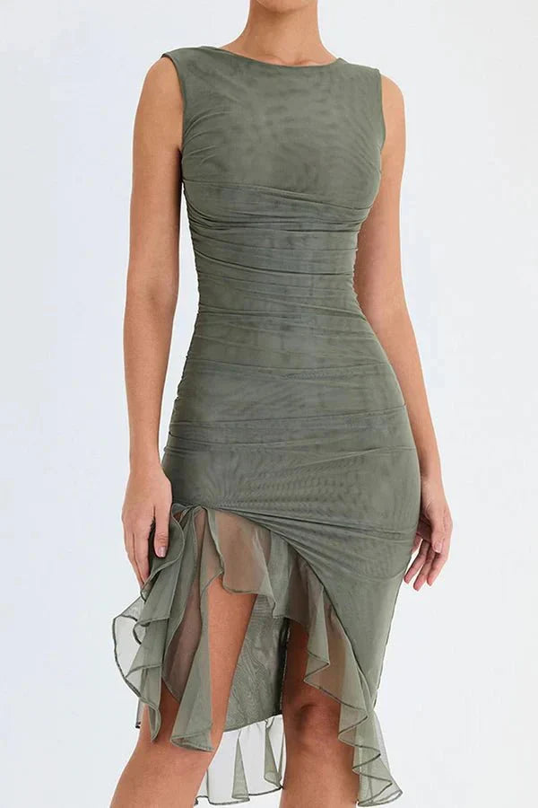 Ruched Sleeveless Midi Dress for Women | Elegant Wedding Guest Outfit in Soft Fabric