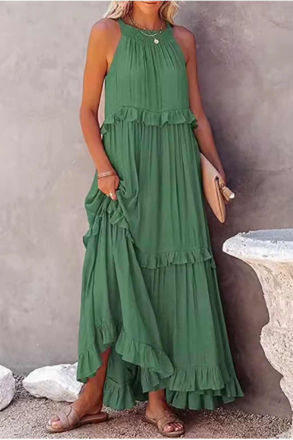 Ruffled Sleeveless Maxi Dress for Women | Summer Wedding Guest Attire | Lightweight Fabric, Elegant Design