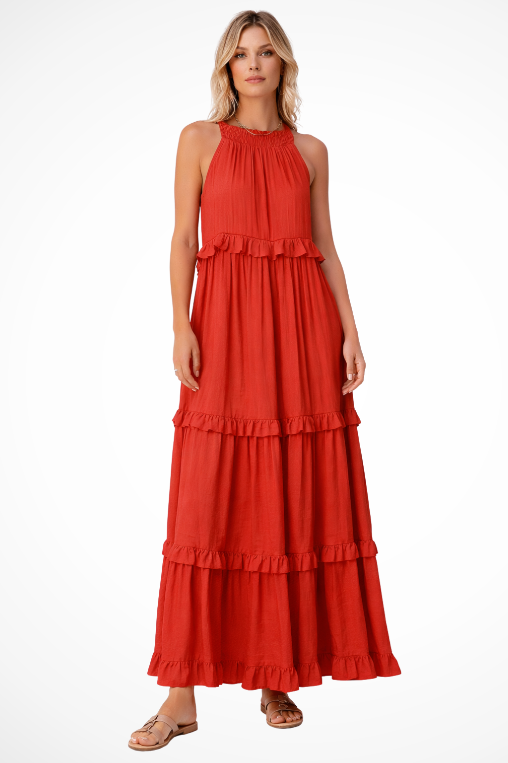 Ruffled Sleeveless Maxi Dress for Women | Summer Wedding Guest Attire | Lightweight Fabric, Elegant Design