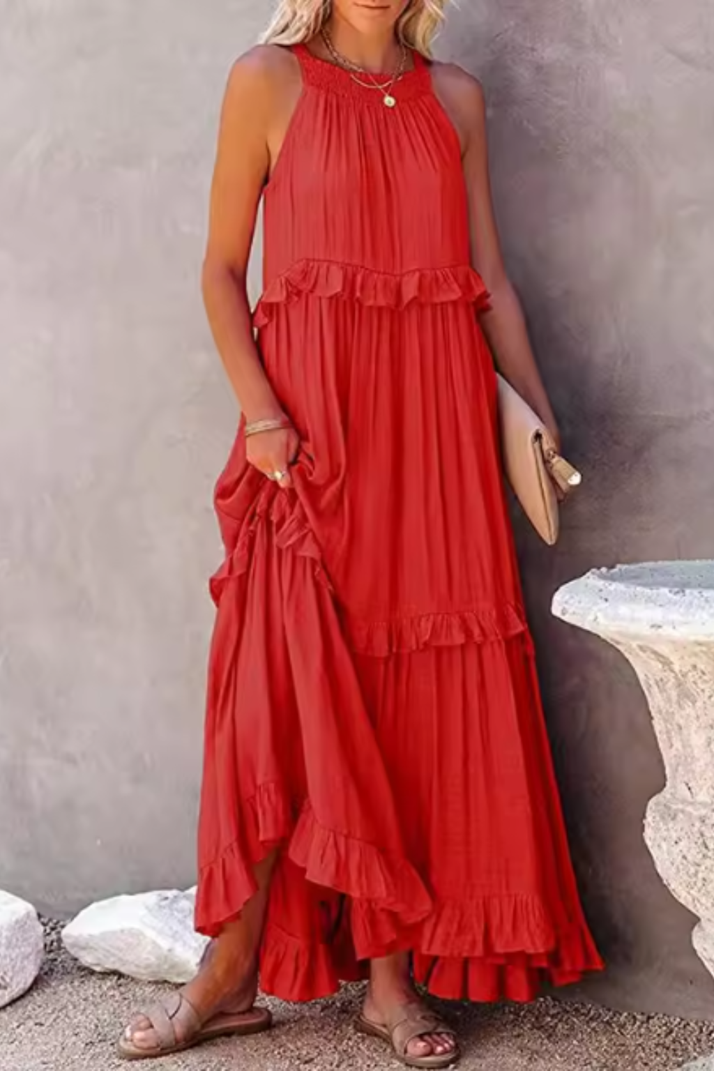 Ruffled Sleeveless Maxi Dress for Women | Summer Wedding Guest Attire | Lightweight Fabric, Elegant Design