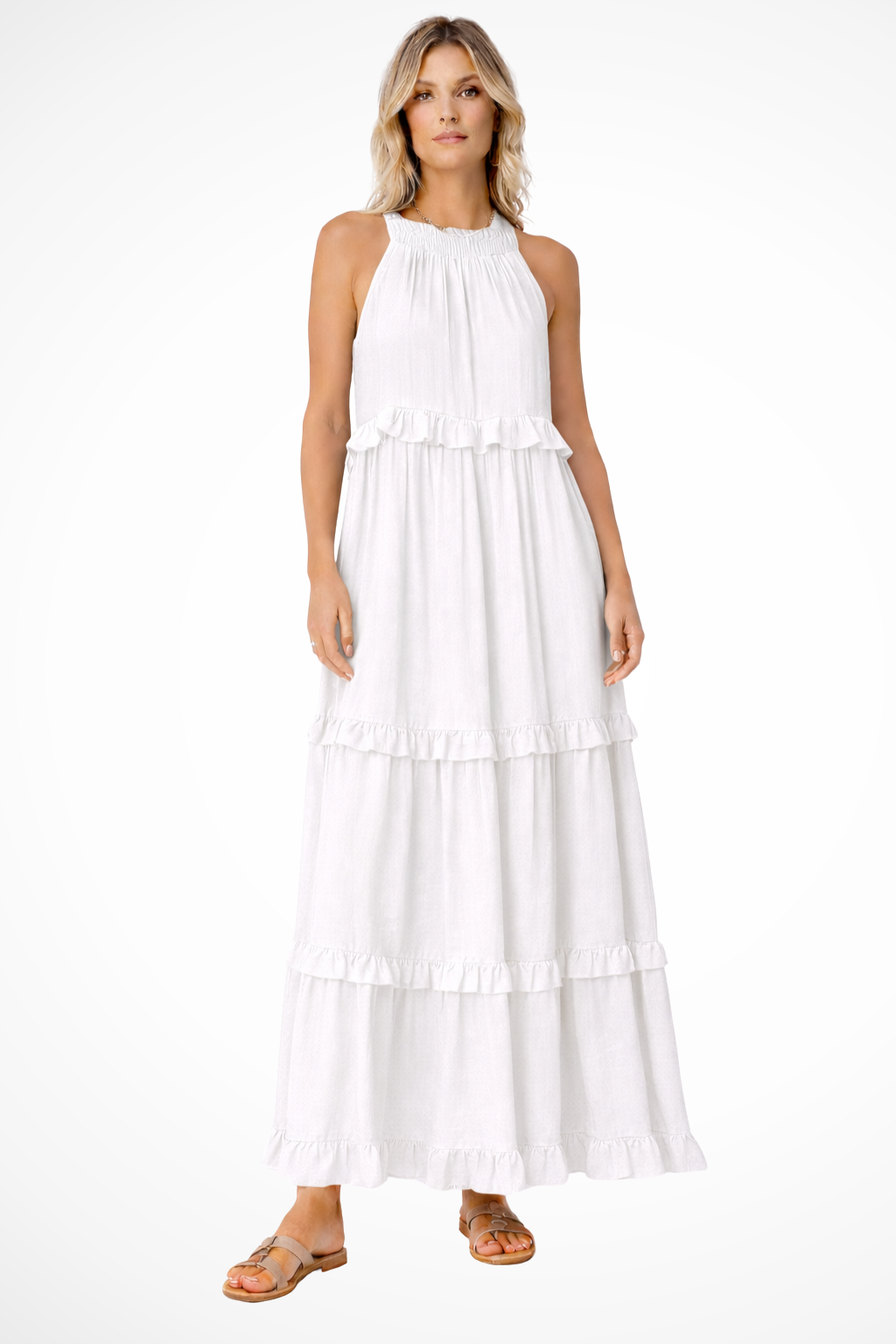 Ruffled Sleeveless Maxi Dress for Women | Summer Wedding Guest Attire | Lightweight Fabric, Elegant Design