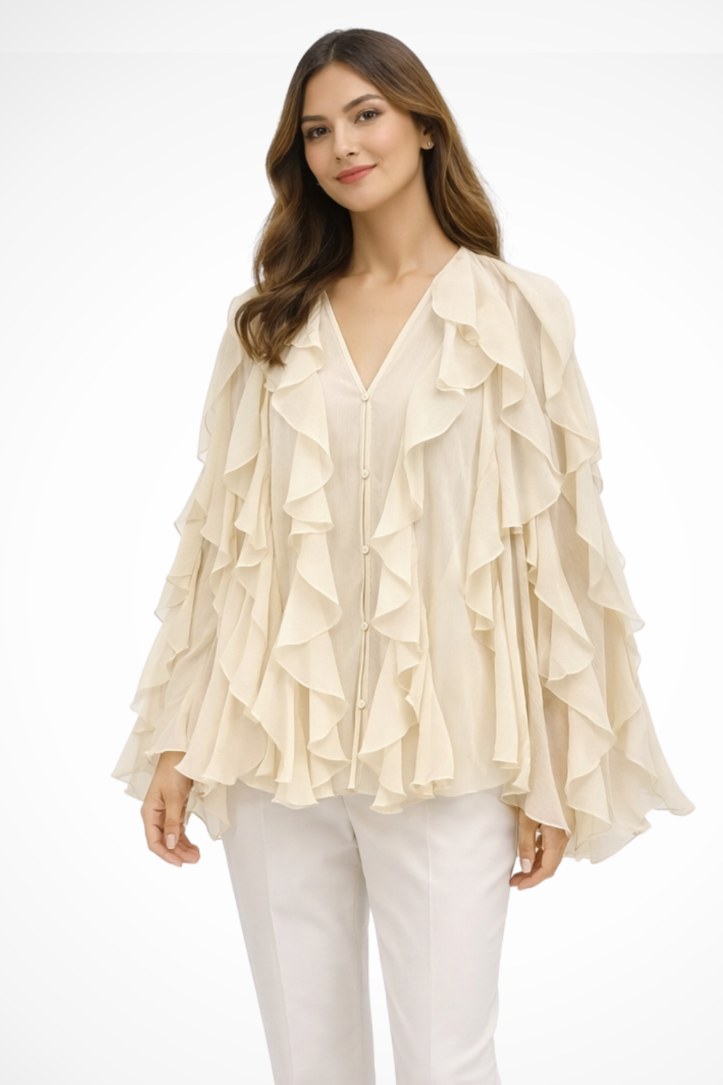 Ruffled V Neck Long Sleeve Blouse for Women - Lightweight Casual Top for Everyday Wear