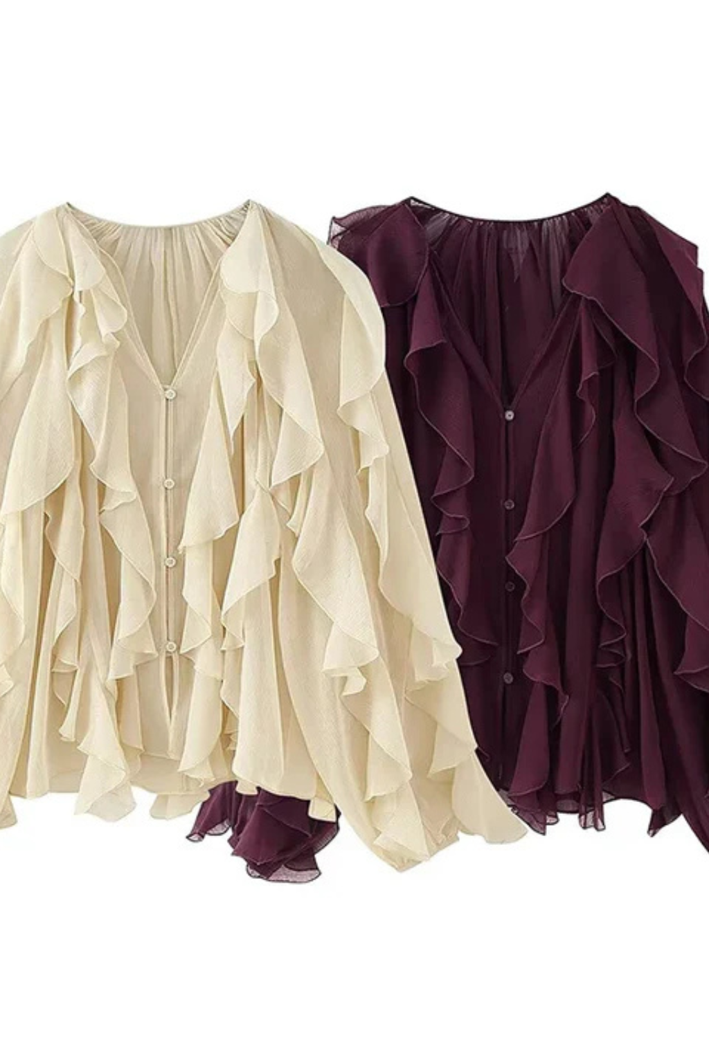 Ruffled V Neck Long Sleeve Blouse for Women - Lightweight Casual Top for Everyday Wear