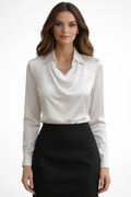Satin Long Sleeve Blouse for Women | Draped Neck Design | Elegant Top for Casual or Formal Wear