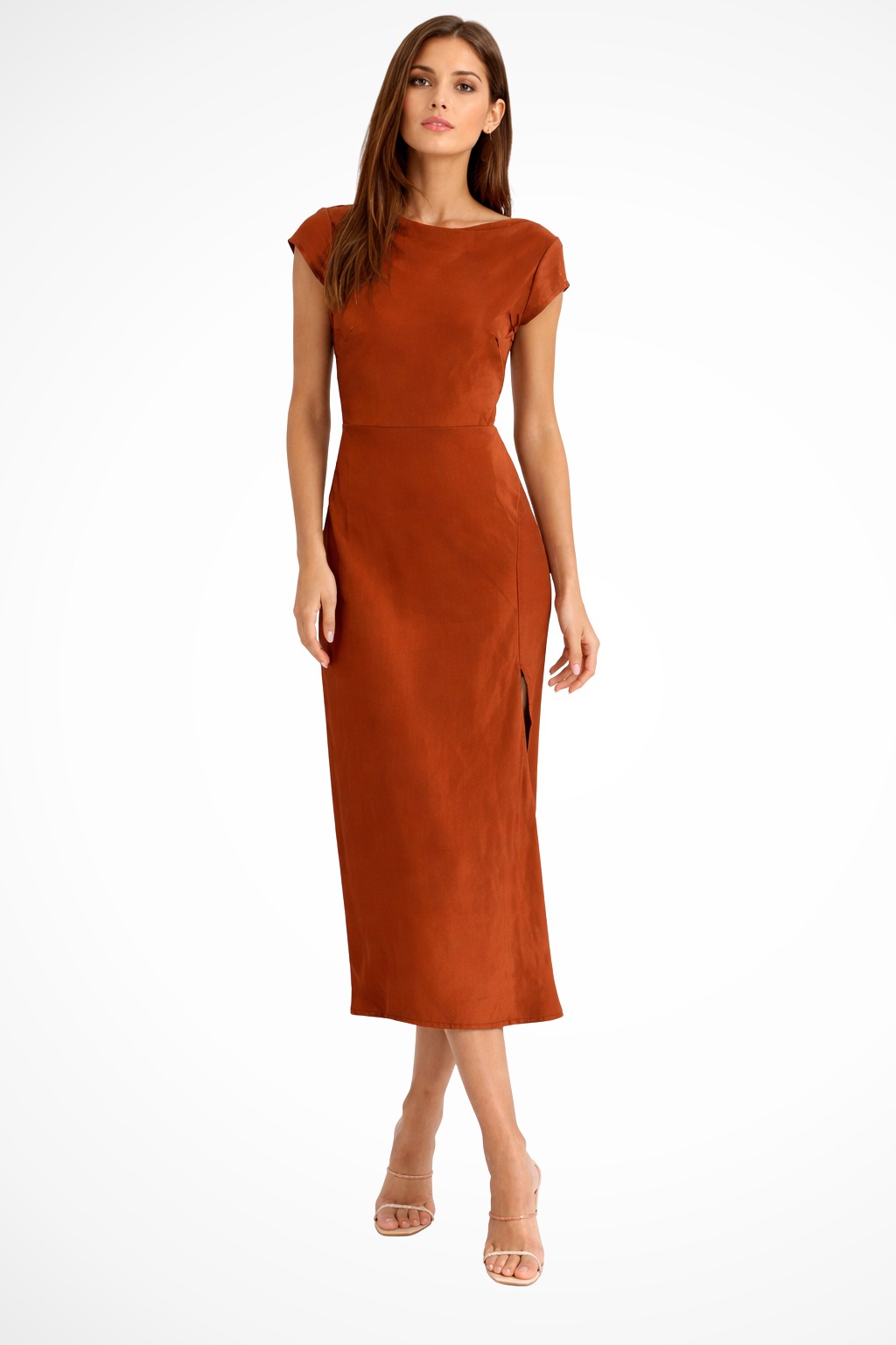 Satin Midi Evening Dress for Women with Cap Sleeves - Elegant Party Wear Dress