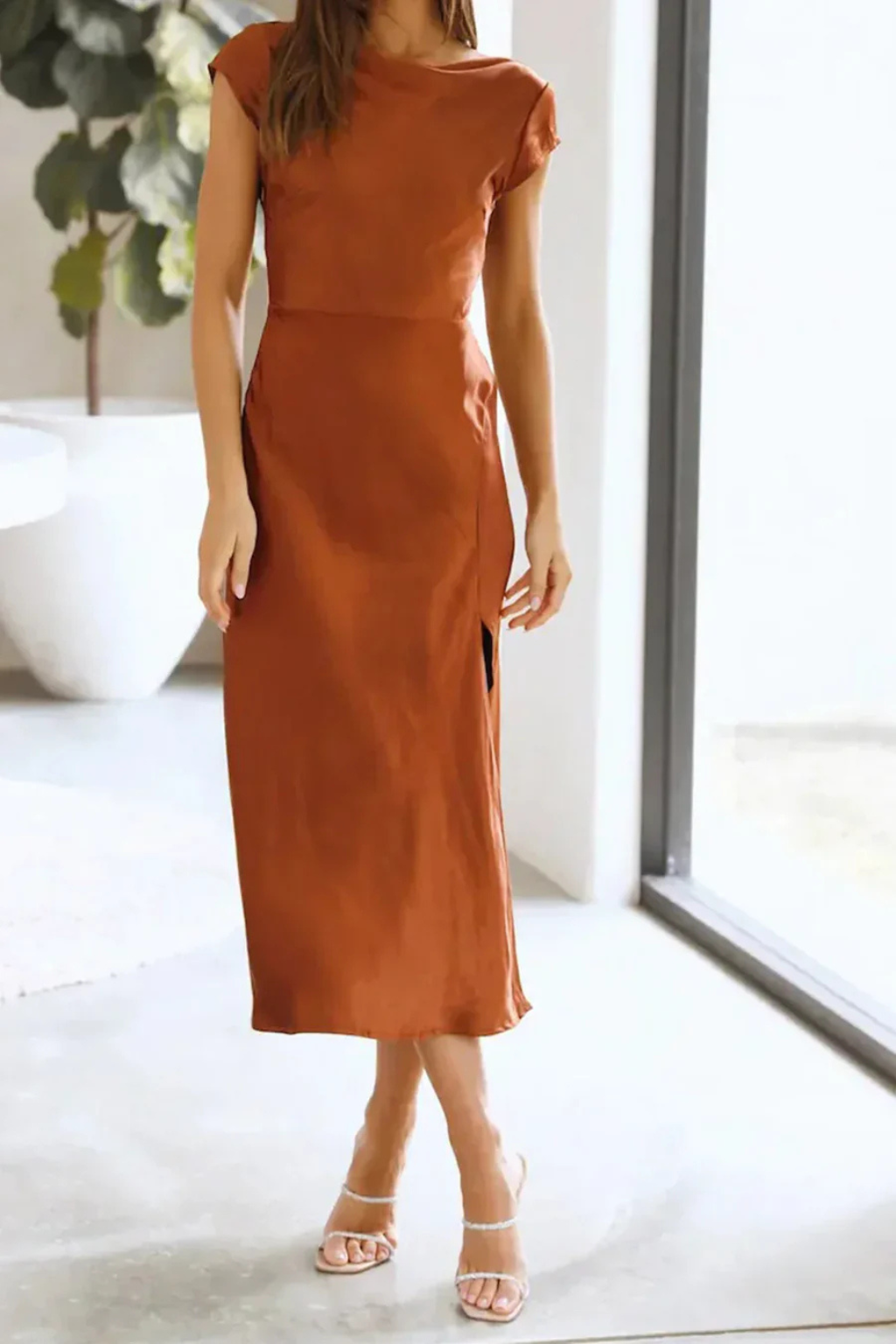 Satin Midi Evening Dress for Women with Cap Sleeves - Elegant Party Wear Dress