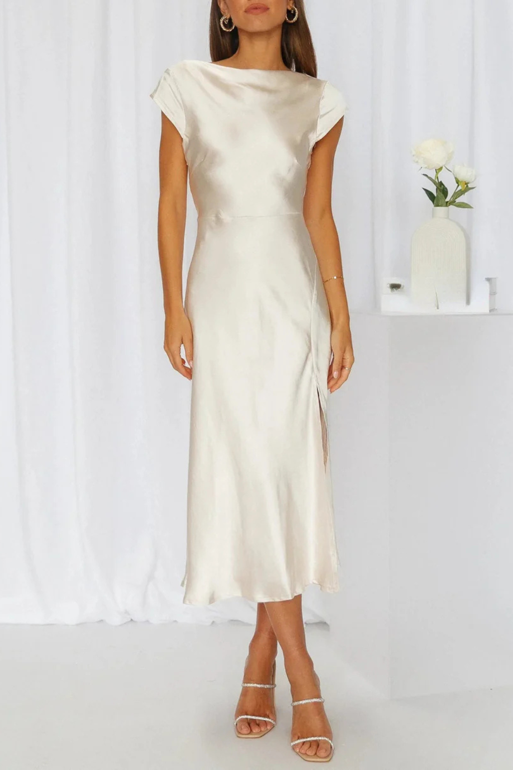 Satin Midi Evening Dress for Women with Cap Sleeves - Elegant Party Wear Dress