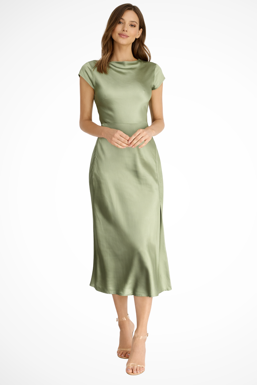 Satin Midi Evening Dress for Women with Cap Sleeves - Elegant Party Wear Dress