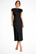 Satin Midi Evening Dress for Women with Cap Sleeves - Elegant Party Wear Dress