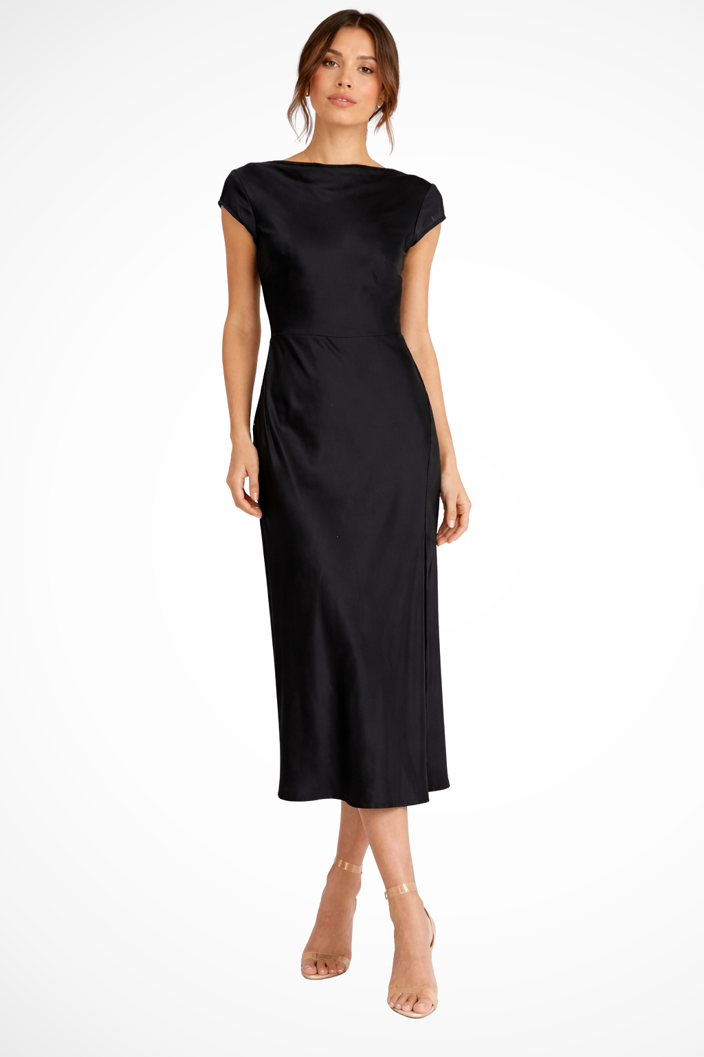 Satin Midi Evening Dress for Women with Cap Sleeves - Elegant Party Wear Dress