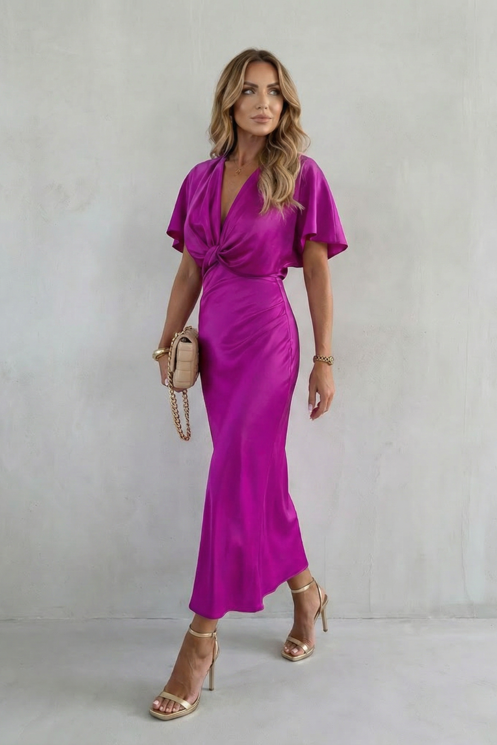 Knot Waist Midi Dress in Satin Fabric for Elegant Occasions