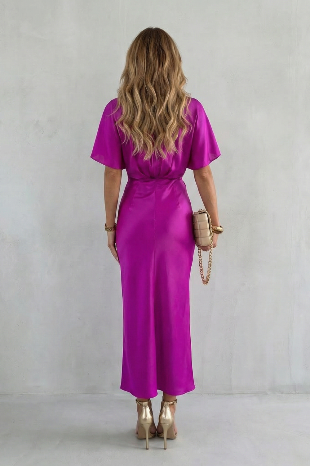 Knot Waist Midi Dress in Satin Fabric for Elegant Occasions