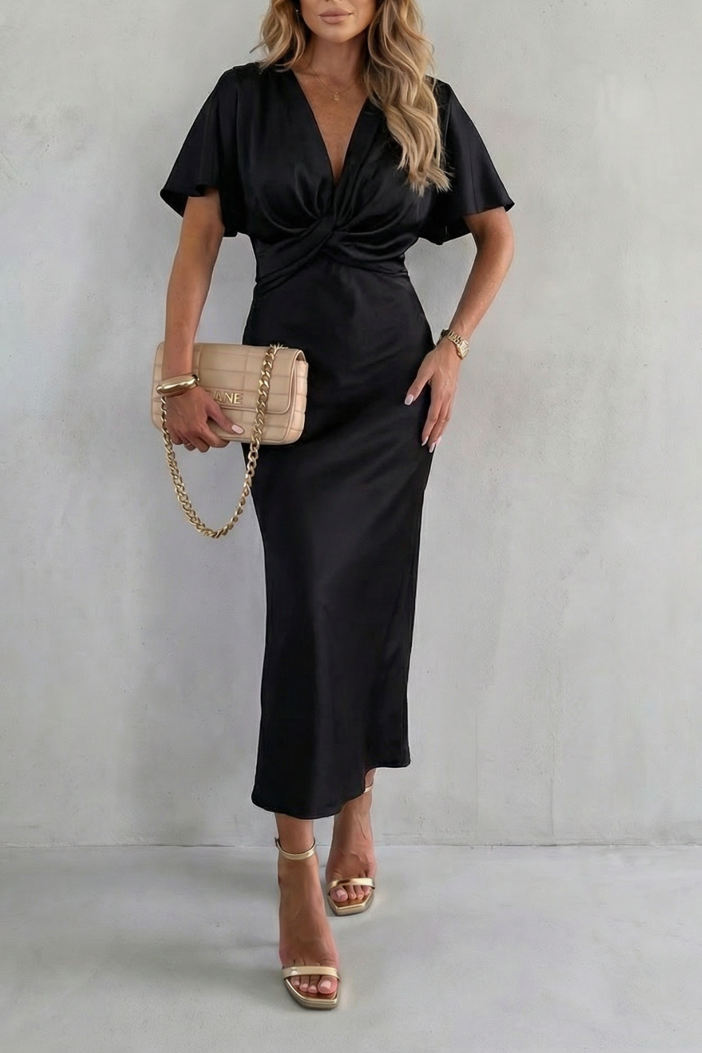 Knot Waist Midi Dress in Satin Fabric for Elegant Occasions
