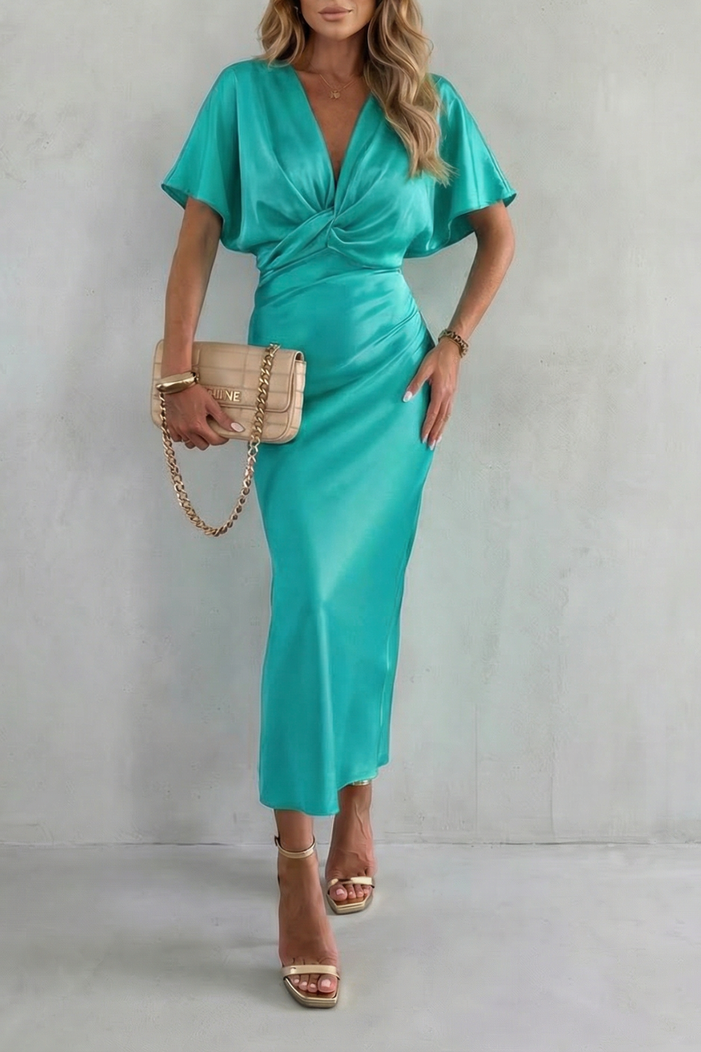 Knot Waist Midi Dress in Satin Fabric for Elegant Occasions