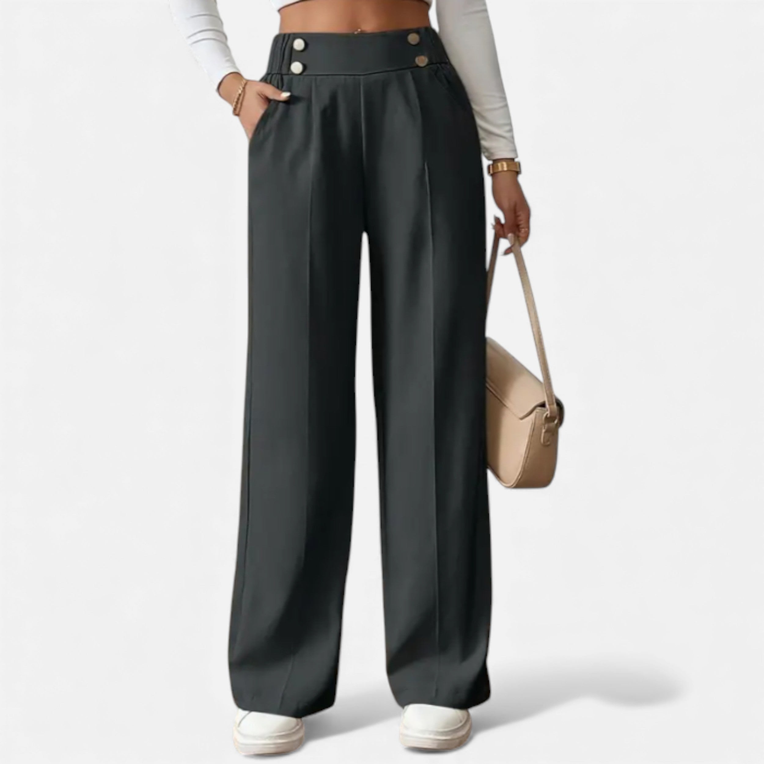 Wide-Leg Button Detail Trousers for Women - Stylish Casual Pants